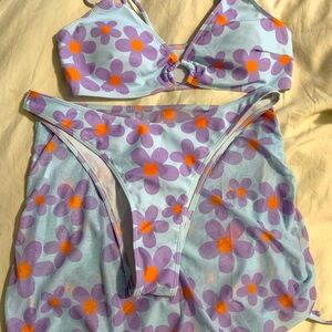 Brand new, 3 piece bathing suit halter ring bikini set with cover up skirt.